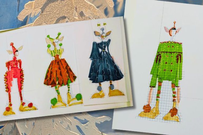 Brightly coloured costume illustrations of elves on top of a close-up of the sparkly, icy blue set design .