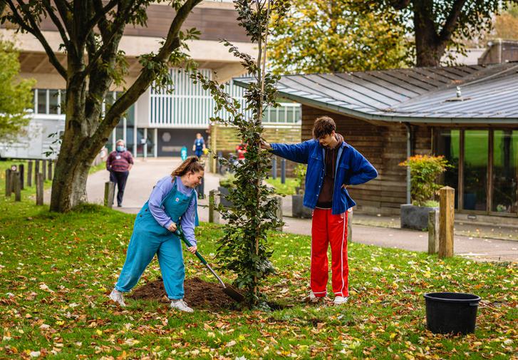 Two young people are planting a young tree in front of the rehearsal room. The festival theatre can be seen in the background.