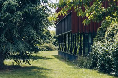 An image of the back of Chichester Festival Theatre, nestled amongst trees and greenery.