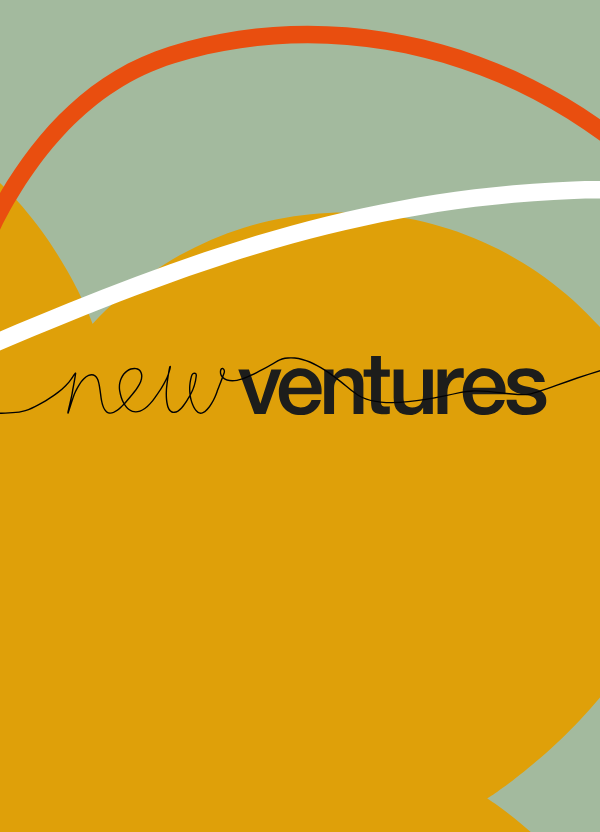 Graphic patterns in orange, green and white with New Ventures in a handwritten font