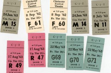 Ten ticket stubs from the years 1962-63. They are in pastel colours of green, red, yellow and brown, with block lettering displaying dates, doors and seat numbers.