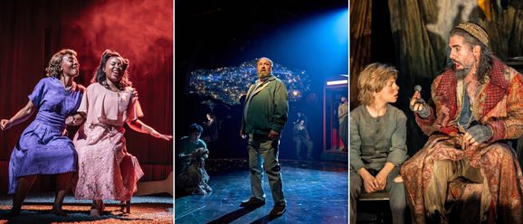 A collage of three production images from Marie & Rosetta, The Unlikely Pilgrimage of Harold Fry and Oliver!