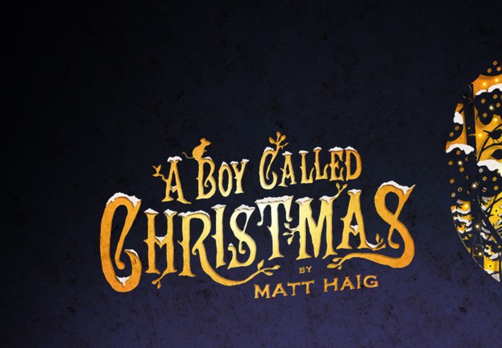 A circular cut-out silhouette, like an old-fashioned fairy story image, shows a boy wearing a red cap, a scarf, coat and boots, holding up his hand on which is perched a mouse. He stands surrounded by snow-laden pine trees, and a reindeer is leaping above his head. The title 'A Boy Called Christmas' is written in old-fashioned gold capital letters to the left side.