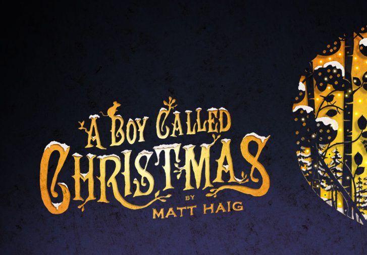 A circular cut-out silhouette, like an old-fashioned fairy story image, shows a boy wearing a red cap, a scarf, coat and boots, holding up his hand on which is perched a mouse. He stands surrounded by snow-laden pine trees, and a reindeer is leaping above his head. The title 'A Boy Called Christmas' is written in old-fashioned gold capital letters to the left side.