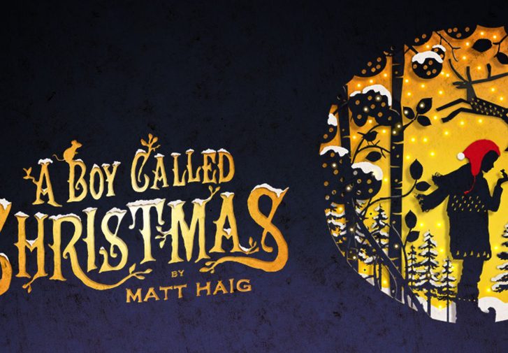 A circular cut-out silhouette, like an old-fashioned fairy story image, shows a boy wearing a red cap, a scarf, coat and boots, holding up his hand on which is perched a mouse. He stands surrounded by snow-laden pine trees, and a reindeer is leaping above his head. The title 'A Boy Called Christmas' is written in old-fashioned gold capital letters to the left side.