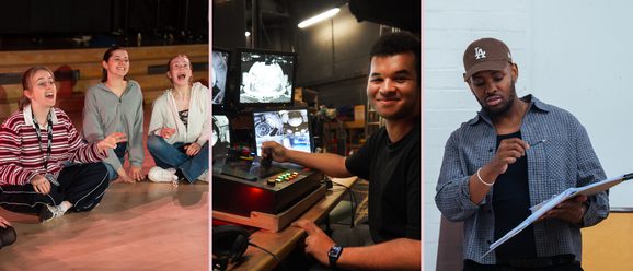 Three images. In the first, a young person wearing a lanyard leads a session of younger performers. In the centre, a young person sits surrounded by technical theatre equipment and screens, smiling. On the right, a young man stands in a rehearsal studio, concentrating on a script, pointing to the page with a pen.
