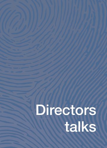 A blue background with a finger print-like pattern, white text reads Directors Talks.