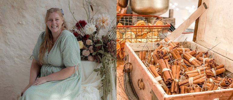 Two images side by side. On the left: a woman in a green dress sits in front of a beautiful assortment of flowers. On the right: a box of cinnamon sticks wrapped into bundles, ready to be used in a wreath making workshop.
