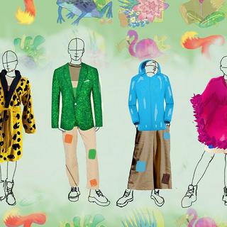 A computer generated image of a characters in a yellow cheetah print dressing gown, a green jacket, blue hoodie and pink cape; a river runs through it. Around it are the original illustrations.