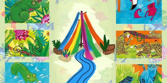 A painted image of a dam made from rainbow strips of fabric; a river runs through it. Around it are six images of the original illustrations.