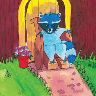 A painted image of a blue raccoon sitting in a brown chair, with red flower pots and brighly coloured flowers either side.  There is an orange/yellow striped door behind the chair, and green grass at the foreground of the image, with a pink path in the centre.