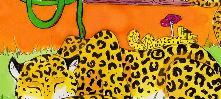 A painted image of two cheetahs lounging; with a small chameleon lounging on one of their backs - camouflaged in cheetah spots!