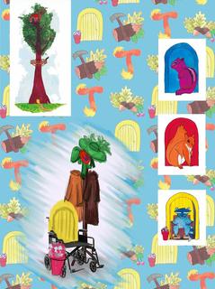 A generated image of props making up the tree from the stories - made from a coat stand, green hats and a yellow wheelchair with a pink bag hanging from it. Behind it are the original illustrations.