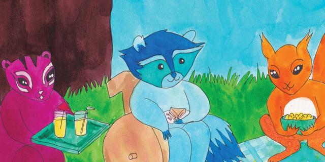 A painted image of a blue raccoon sitting in a brown chair, with a pink beaver and orange squirrel either side. There is green grass at the foreground and a blue chequered picnic blanket.