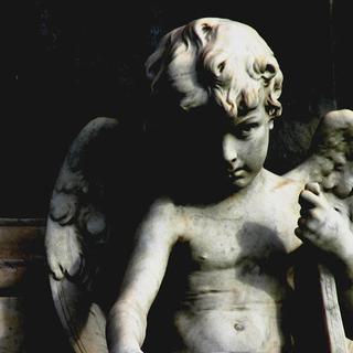 A statue of a curly haired cherub, holding some papers in his hand. The statue is in shadows, with the left side of the face and half its wing in darkness. It looks dramatic.