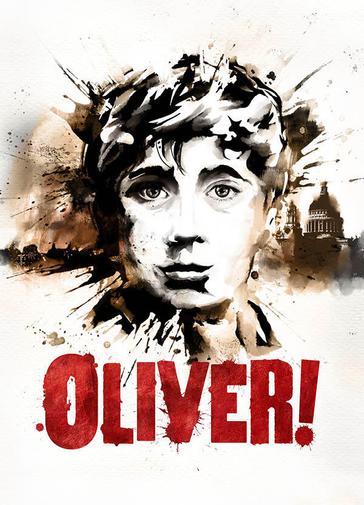 An image of a young boy's face painted in brown and black ink and paint,  with visible splotches and brush strokes. He is looking straight ahead with an innocent expression, with his hair is swept to the side. In the background is a London skyline including St Paul's Cathedral. Below the image are bold, red capital letters reading 'Oliver!'
