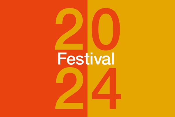 A rectangular graphic, half orange and half mustard yellow, with '2024 Festival' in the centre.