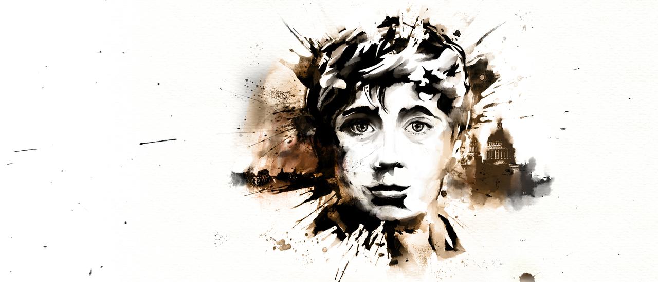 An image of a young boy's face painted in brown and black ink and paint, with visible splotches and brush strokes. The boy is looking straight ahead with an innocent expression, his hair is swept to the side. In the background is a London skyline including St Paul's Cathedral.