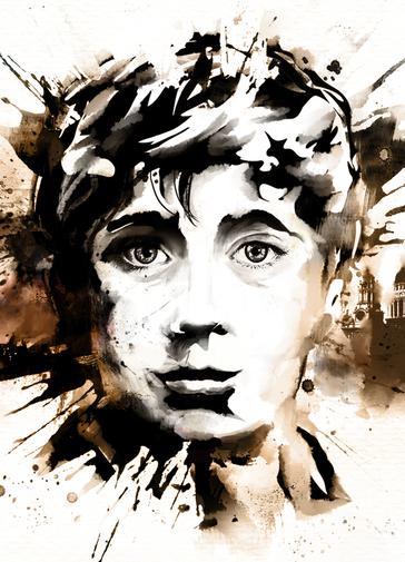 An image of a young boy's face painted in brown and black ink and paint, with visible splotches and brush strokes. The boy is looking straight ahead with an innocent expression, his hair is swept to the side. In the background is a London skyline including St Paul's Cathedral.