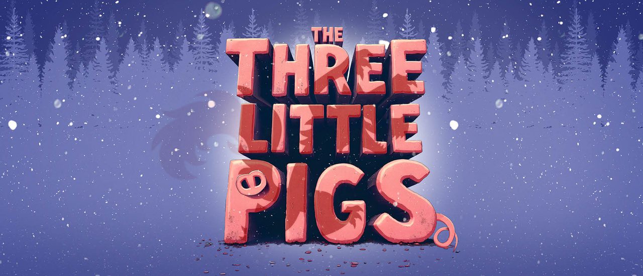 A snowy forest background. In the middle is big pink bubble writing that reads The Three Little Pigs. There's a pig snout in the P and a curly wurly tail on the S. The Big Bad Wolf is casting a shadow over the letters.