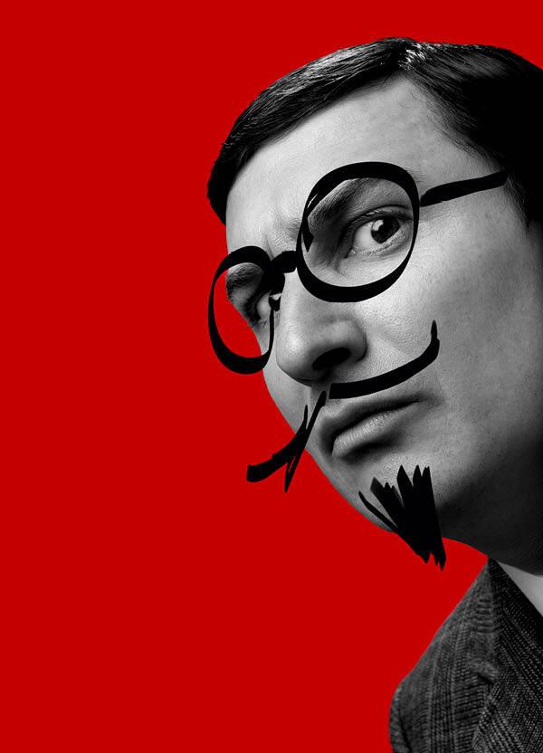 A bright red background with a black and white photo of a man's head peeking out from the side. He has an inquisitive, suspicious expression and comedy glasses, moustache and beard drawn over the image in thick black marker.