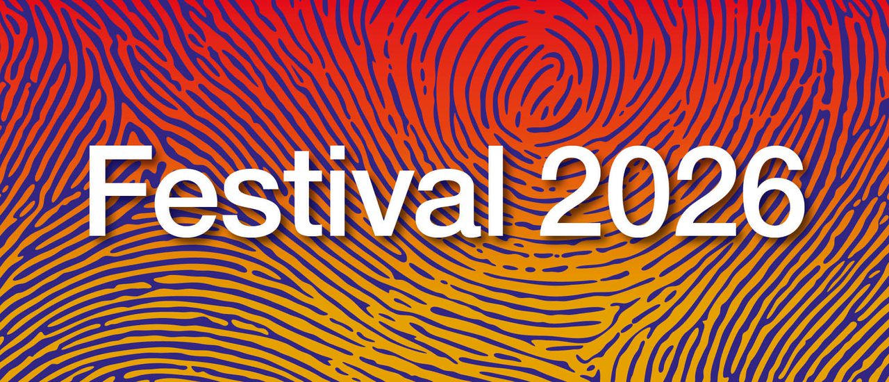 A graphic with white text that reads: 'Festival 2026'. The background has a deep orange to warm yellow gradient, with a large-scale purple thumb-print pattern over the top.