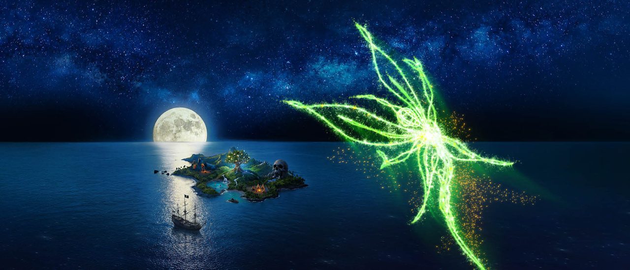 A vast expanse of dark blue sea and a deep blue night sky filled with stars. There is a singular island in the water, with the moon rising from the horizon behind it and a boat sailing past. From the island, a sparkling green outline of a fairy is bursting across the sky, leaving a brilliant trail of glitter.