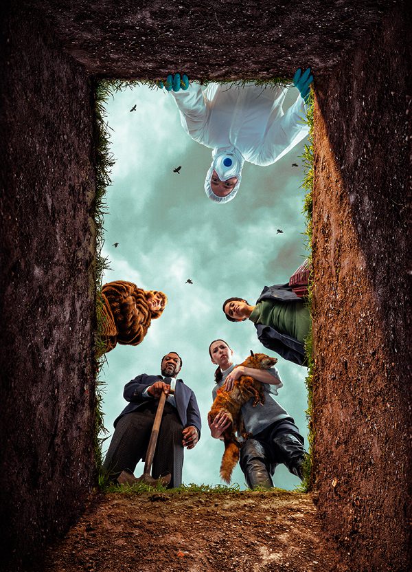 A view from inside a grave looking up at five people gathered around the opening. The group is an eclectic mix: a man in a hazmat suit and mask, a man in a smart suit holding a shovel, a woman cradling a fox, a woman in a fur coat, and another woman dressed formally. Above them, a cloudy sky is scattered with crows.