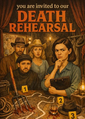 An illustration of four people with serious expressions in Western costumes backstage at a theatre. There is table in front of them covered in crime scene evidence with numbered markers scattered.