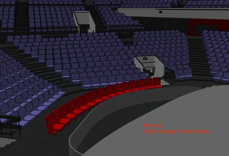 This image is a digital mock-up of the Festival Theatre auditorium showing the front rows of seating. There is an additional row of red seats (row AA) wrapping around the front of the stage, which has been set back from its usual position to ensure there is the same amount of walkway space in front of our usual Row A seats.