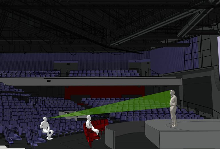 This image is a digital mock-up of the Festival Theatre auditorium showing the front rows of seating. There is an additional row of red seats (row AA) wrapping around the front of the stage, which has been set back from its usual position to ensure there is the same amount of walkway space in front of our usual Row A seats. A faceless white figure is depicted sitting in each row, with a green band of light marked on to show the sightlines of the person sitting in row A.