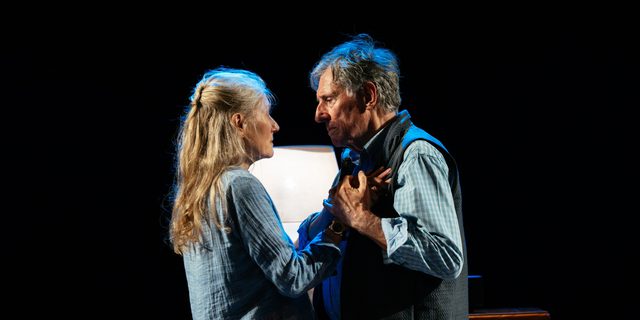 A man and a woman slow dance, looking into each others eyes with tenderness. The woman wears a blue shirt, the man wears a blue checked shirt and a gilet.