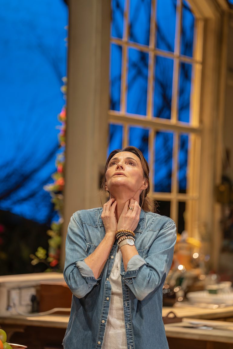 A woman with long, medium brown hair, tied back messily, stands looking stressed in a cluttered farmhouse kitchen. She looks up, with both hands resting on her neck. She wears a denim shirt with a white top underneath. Behind her, out of focus, is the blue, darkening sky, seen through a tall window frame.