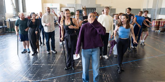 A group of performers in a rehearsal studio, midway through a dance number. In the centre, a young woman with dark, curly hair tied in a tight bun stands in a studio. She has a hand over her mouth in shock, with eyes wide. Around her, a group of performers look on, with exaggerated expressions of shock, amazement, concern. They all wear casual rehearsal gear, in a range of colours, and some hold canes or parasols resting on the ground.