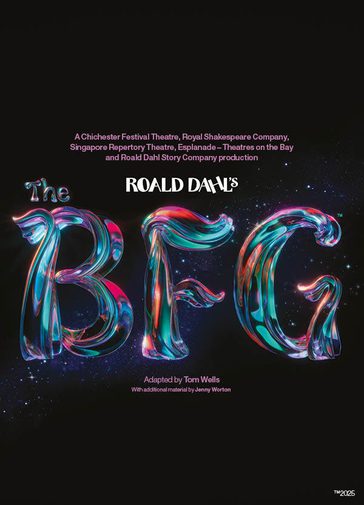 Against a black background, text reads 'Roald Dahl's The BFG'. 'Roald Dahl' is in white, with 'The BFG' in a magical, shimmering type with pink, purple, orange and teal glowing and blending throughout. The texture of the text is like a tree trunk or branch.