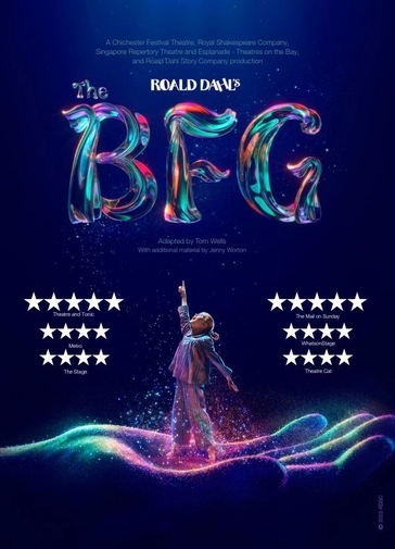 Against a black background, text reads 'Roald Dahl's The BFG'. 'Roald Dahl' is in white, with 'The BFG' in a magical, shimmering type with pink, purple, orange and teal glowing and blending throughout. The texture of the text is like a tree trunk or branch.