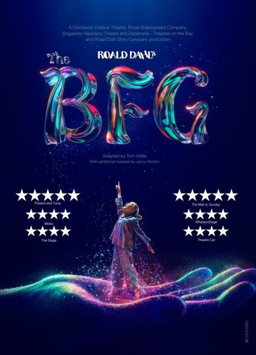 Against a dark blue background, text reads 'Roald Dahl's The BFG'. 'Roald Dahl' is in white, with 'The BFG' in a magical, shimmering type with pink, purple, orange and teal glowing and blending throughout. The texture of the text is like a tree trunk or branch.