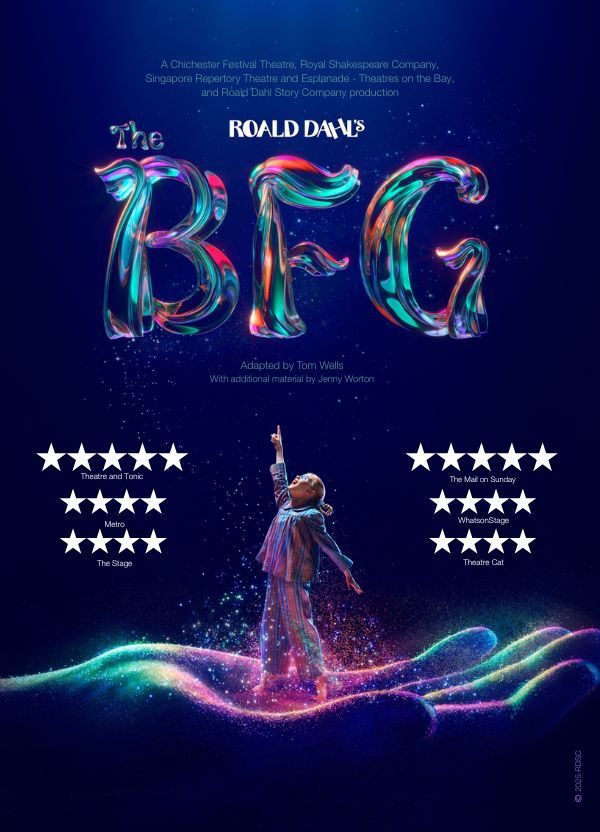 Against a dark blue background, text reads 'Roald Dahl's The BFG'. 'Roald Dahl' is in white, with 'The BFG' in a magical, shimmering type with pink, purple, orange and teal glowing and blending throughout. The texture of the text is like a tree trunk or branch.