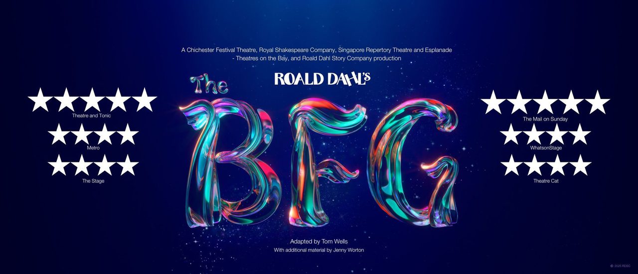 Against a dark blue background, text reads 'Roald Dahl's The BFG'. 'Roald Dahl' is in white, with 'The BFG' in a magical, shimmering type with pink, purple, orange and teal glowing and blending throughout. The texture of the text is like a tree trunk or branch.