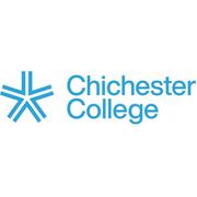 Chichester College text logo and icon on blue.