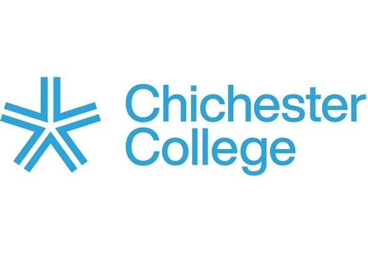 Chichester College text logo and icon on blue.