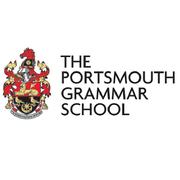 A detailed red and gold coat of arms to the left of text reading THE PORTSMOUTH GRAMMAR SCHOOL