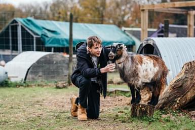 A young person crouches on the grass at a farm, petting a goat. They look engaged and happy.