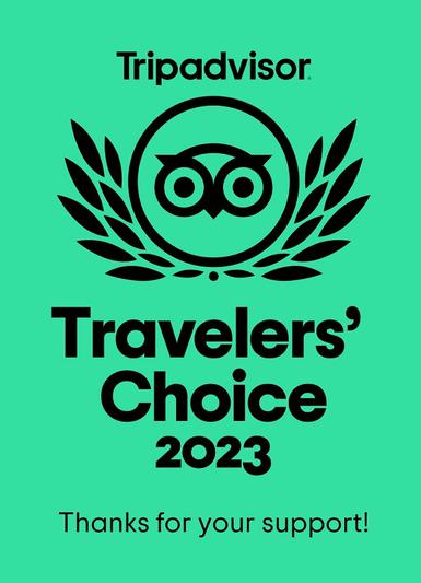 Tripadvisor logo on green background with Travelers' Choice Award 2023 underneath. Also Thanks for your support.