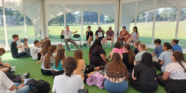 A groups of Chichester College students in a Q&A with LEAP team and cast members.