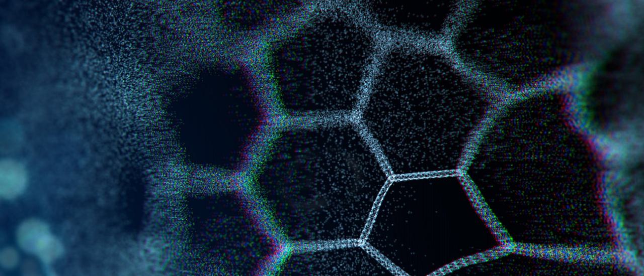 Pixelated white outlines of hexagons are in and out of focus on a black background