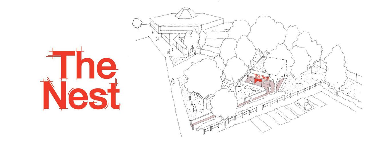 Sketch of an aerial view of the CFT site to a building with red sign saying 'The Nest'