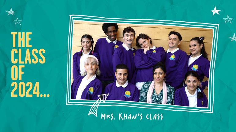A class photo on top of a teal background, with a creased pattern like crumpled paper. There is yellow text on the left that reads 'The Class of 2024' and 'Mrs Khan's Class' is written in white underneath the image, with an arrow pointing to it. In the photo are nine students wearing matching purple school uniforms who are posing and looking at the camera. In the centre sits their teacher: a lady wearing a green floral dress and pink scarf.