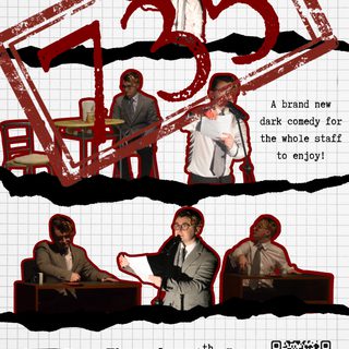 A collage of images of a young man with glasses and a grey suit in different workplace situations. '735' is stamped over the top in red. It reads 'a brand new dark comedy for the whole staff to enjoy'.