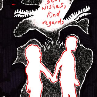 Two large black creatures with sharp teeth and red eyes loom over res outlines of two human figures. Between the creatures, it reads 'best wishes, kind regards' in red handwriting.